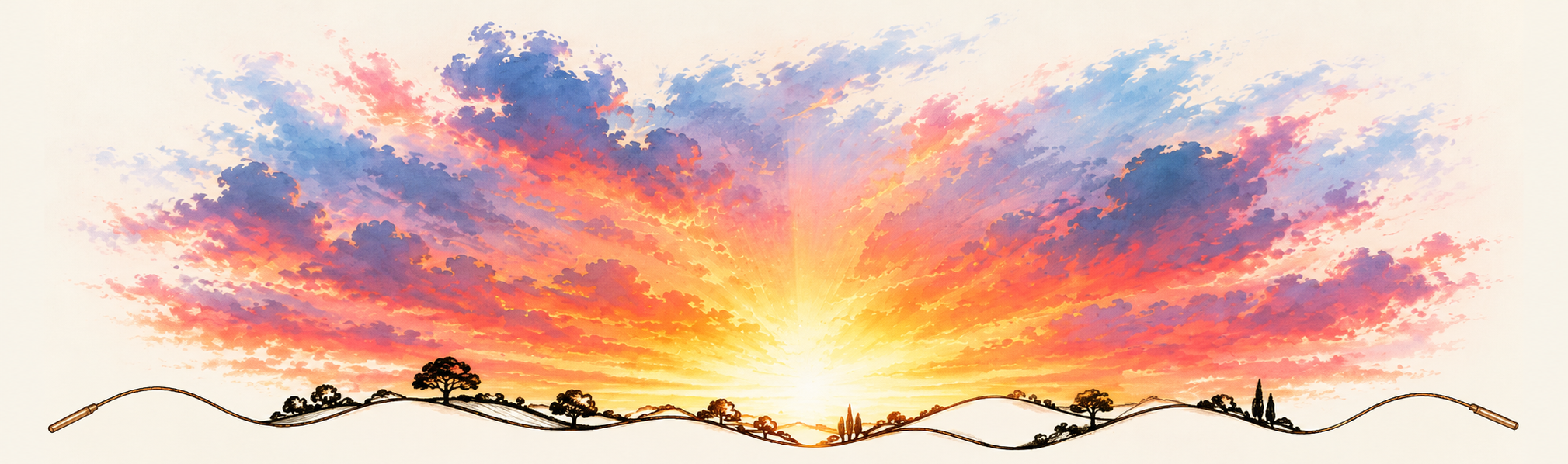 Hippy Love — a colourful sunrise over a continuous line of hills and trees